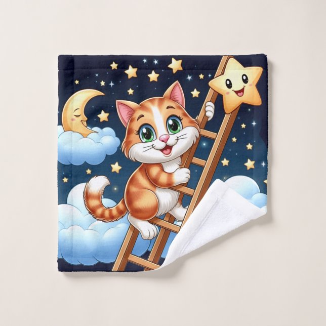 Cute Kitty grimpe à l'échelle de la lune (Gant de toilette)