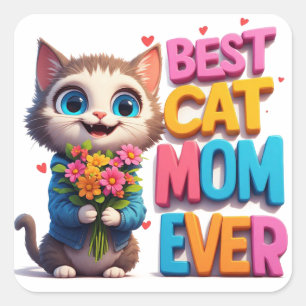 Cute Kitty Holding Flowers Cat Mom Gift 🐾 Square Sticker