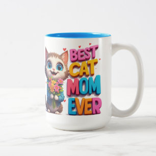 Cute Kitty Holding Flowers Cat Mom Gift 🐾 Two-Tone Coffee Mug