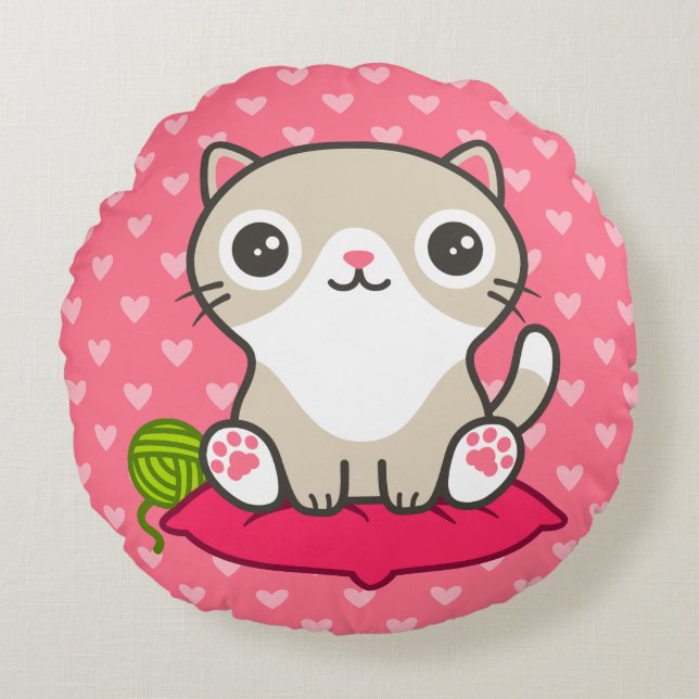 Cute Kitty Illustration Round Pillow (Front)