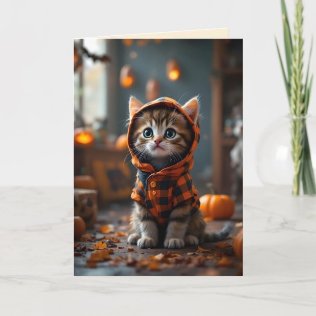 Cute kitty in a black and orange coat on Halloween Card (Front)