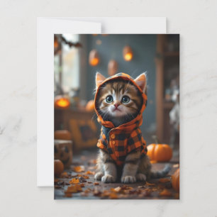Cute kitty in a black and orange coat on Halloween Postcard