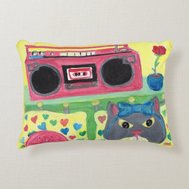 Cute Kitty in Bedroom Folk Art Fun Painting Accent Pillow (Front)