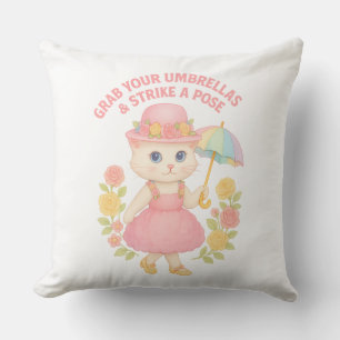 Cute Kitty in Pink Dress – Umbrella Pose Throw Pillow
