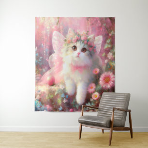 Cute Kitty in Roses and Flowers Paint  Tapestry