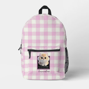 Cute kitty pink white plaid personalize printed backpack