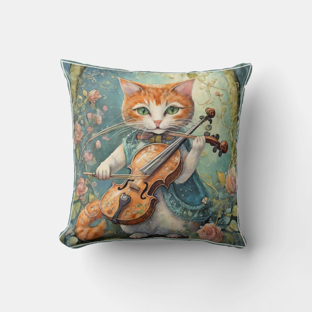 Cute Kitty Playing the Violin Throw Pillow (Front)