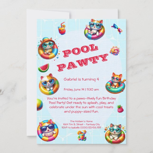 Cute Kitty Pool Fête Anniversaire Invitation (Devant)