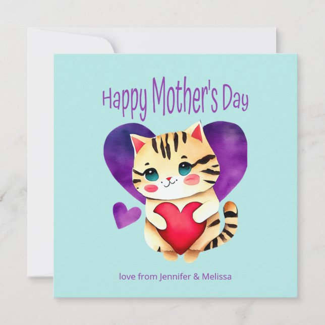 Cute Kitty Purple Red Heart Mother's Day Card (Front)