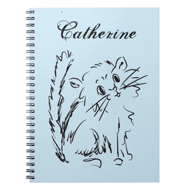 Cute Kitty Sketch Personalize Blue Notebook (Front)