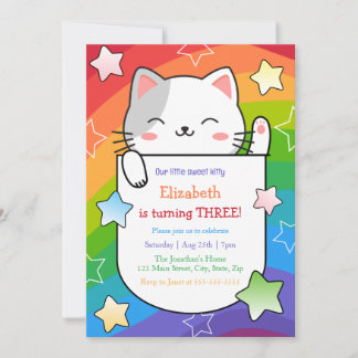 Cute Kitty Stars Colorful Wavy Stripes Birthday Invitation