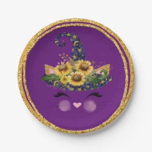 Cute Kitty Witch Glittery Halloween Paper Plate