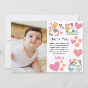 Cute kitty with baby girl photo birthday thank you card