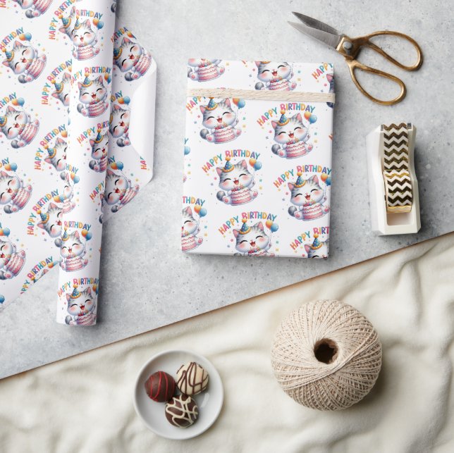 Cute kitty with birthday cake and balloons wrapping paper (Crafts)