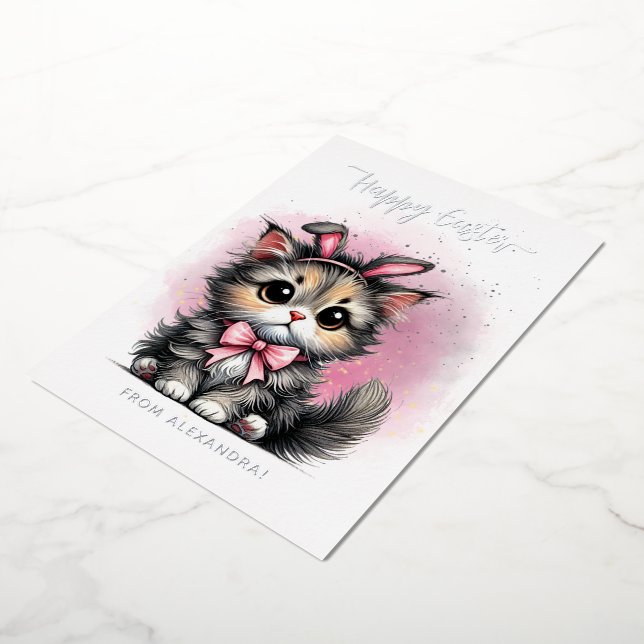Cute Kitty With Bunny Ears Happy Easter Foil Holiday Card (Rotated)