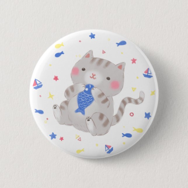 Cute Kitty with Fish in Summer Illustration 2 Inch Round Button (Front)