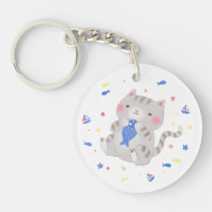 Cute Kitty with Fish in Summer Illustration Keychain