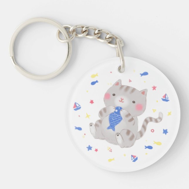 Cute Kitty with Fish in Summer Illustration Keychain (Front)