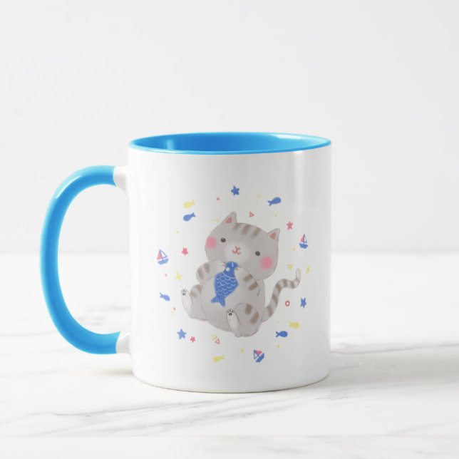 Cute Kitty with Fish in Summer Illustration Mug (Left)