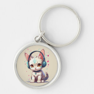 Cute Kitty with Headphones Charm Keychain