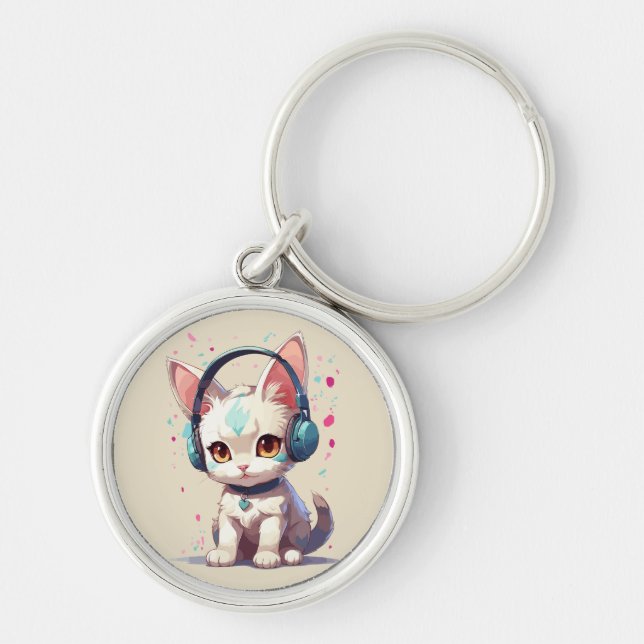 Cute Kitty with Headphones Charm Keychain (Front)