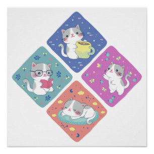 Cute Kitty's Busy Day Illustration Poster