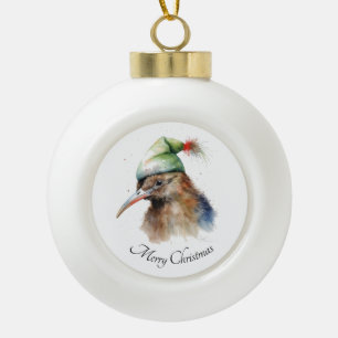 Cute Kiwi Bird in Christmas Elf Hat, custom Ceramic Ball Christmas Ornament