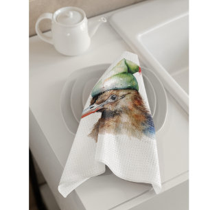 Cute Kiwi Bird in Christmas Elf Hat, custom Kitchen Towel