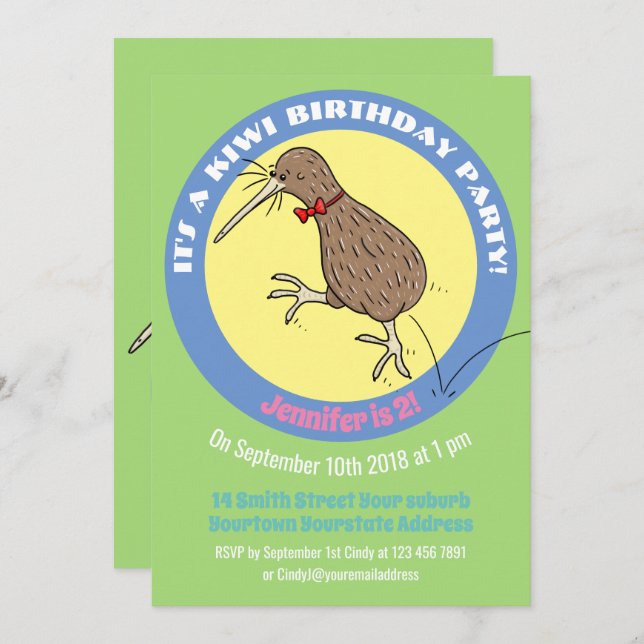 Cute kiwi jumping cartoon invitation (Front/Back)