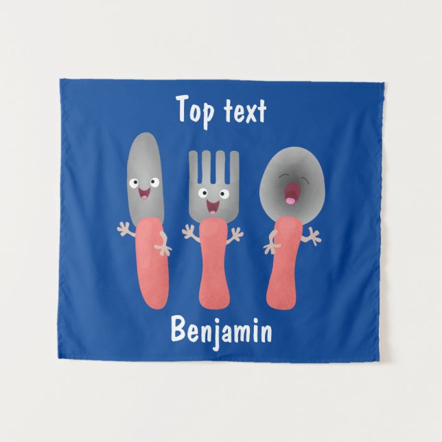 Cute knife fork and spoon cutlery cartoon  tapestry (Front (Horizontal))