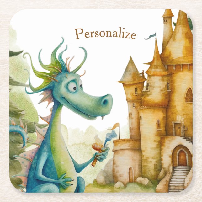Cute Knight Dragon Castle Birthday Party Kids Square Paper Coaster (Front)