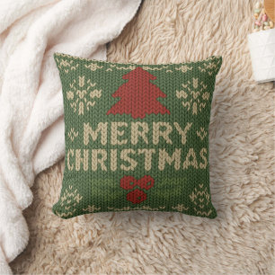 cute knit merry christmas throw pillow