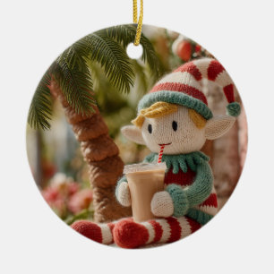 Cute Knitted Christmas Elf Drinking Iced Coffee Ceramic Ornament