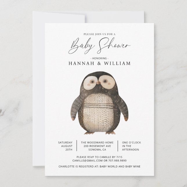 Cute Knitted Penguin Baby Shower Invitation (Front)