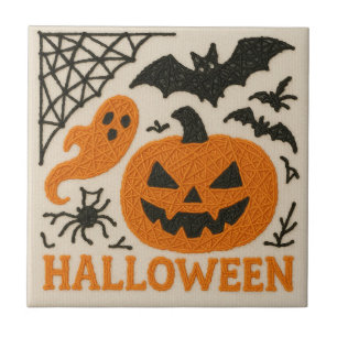 Cute Knitted Pumpkin Bat Halloween Tile