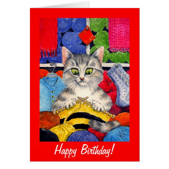 Cute knitting cat birthday or any occasion card