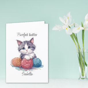 Cute knitting kitten with yarns custom name thank you card
