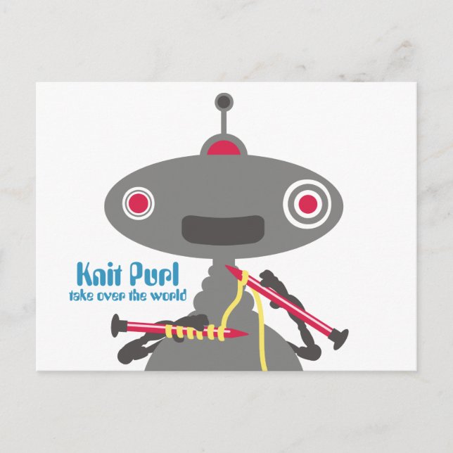 Cute knitting needles yarn robot alien postcard (Front)