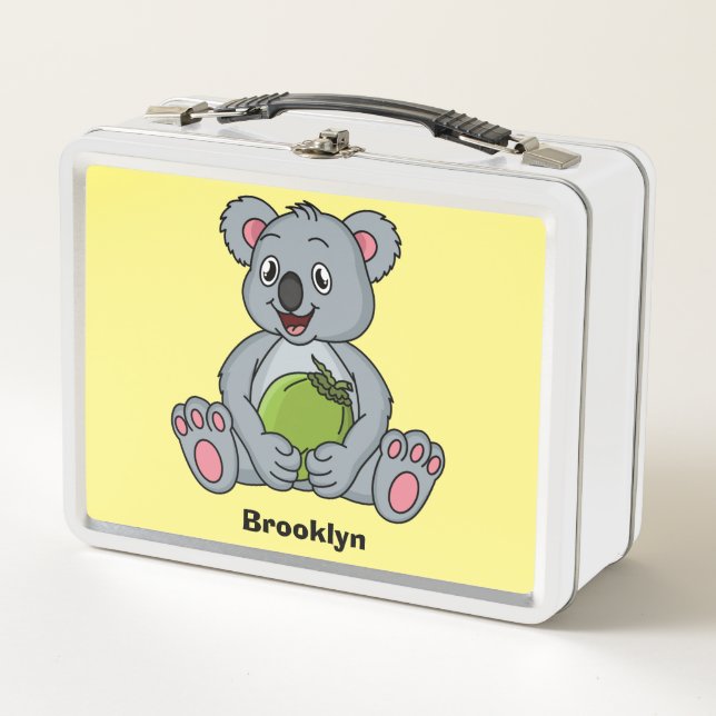 Cute koala and coconut cartoon illustration  metal lunch box (Front)