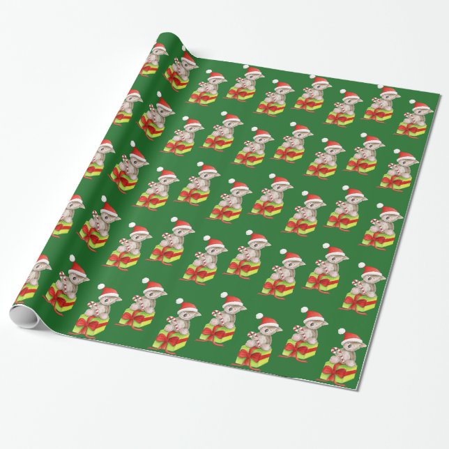 Cute koala and gift art green Christmas wrapping Wrapping Paper (Unrolled)