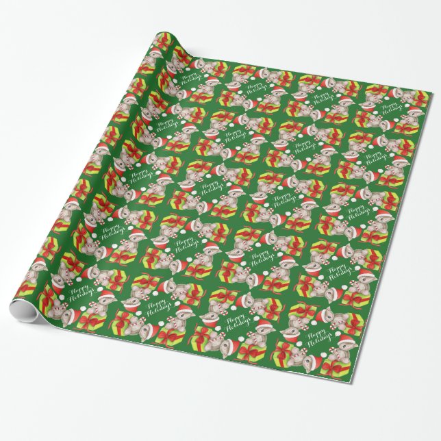 Cute koala and gift art green happy Holidays Wrapping Paper (Unrolled)