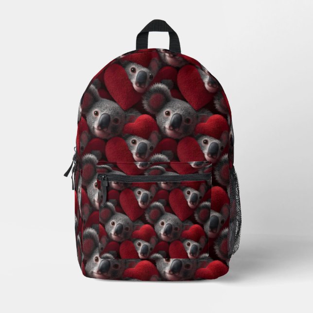 Cute Koala and Red Heart Seamless Pattern Printed Backpack (Front)