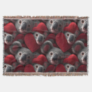 Cute Koala and Red Heart Seamless Pattern Throw Blanket