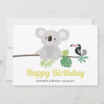 Cute Koala and Toucan Tropical Happy Birthday<br><div class="desc">Send birthday wishes and greetings with this tropical birthday card. It features illustrations of cute koala and toucan with monstera and other tropical leaves. Personalize by adding your own details. This cute birthday card will be perfect for summer birthday parties. Matching items are available.</div>