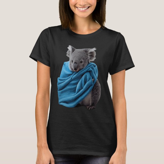 Cute Koala Animal Cuddling with Blue Blanket Koala T-Shirt (Front)