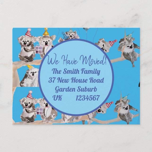 Cute Koala Art New Address Postcard We Are Moving (Front)