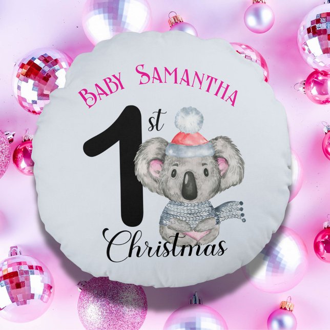 Cute Koala Baby Girl's First Christmas Keepsake Round Pillow (Creator Uploaded)