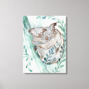 Cute Koala & Baby Watercolor Neutral Nursery Teal Canvas Print