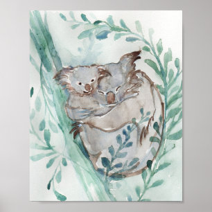 Cute Koala & Baby Watercolor Neutral Nursery Teal Poster