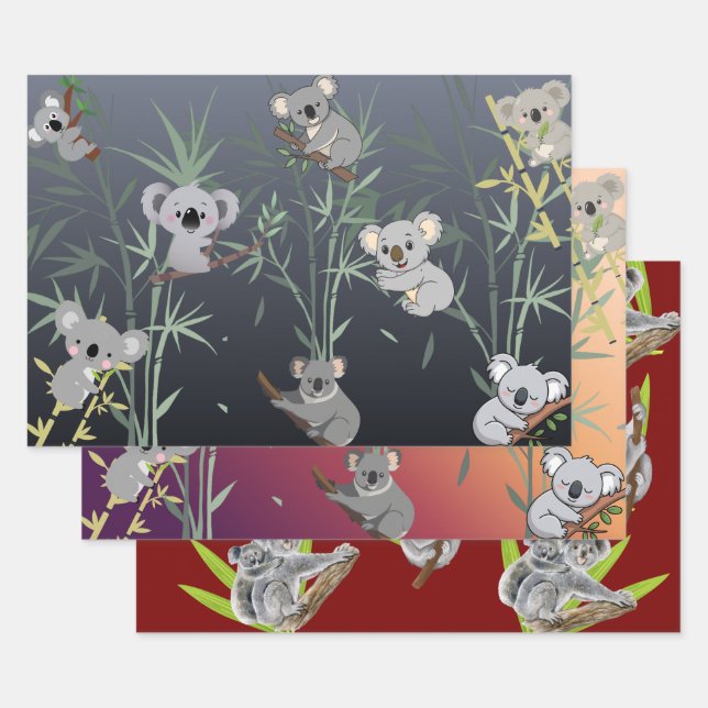 Cute Koala & Bamboo Tree Modern Art Wrapping Paper Sheet (Set)
